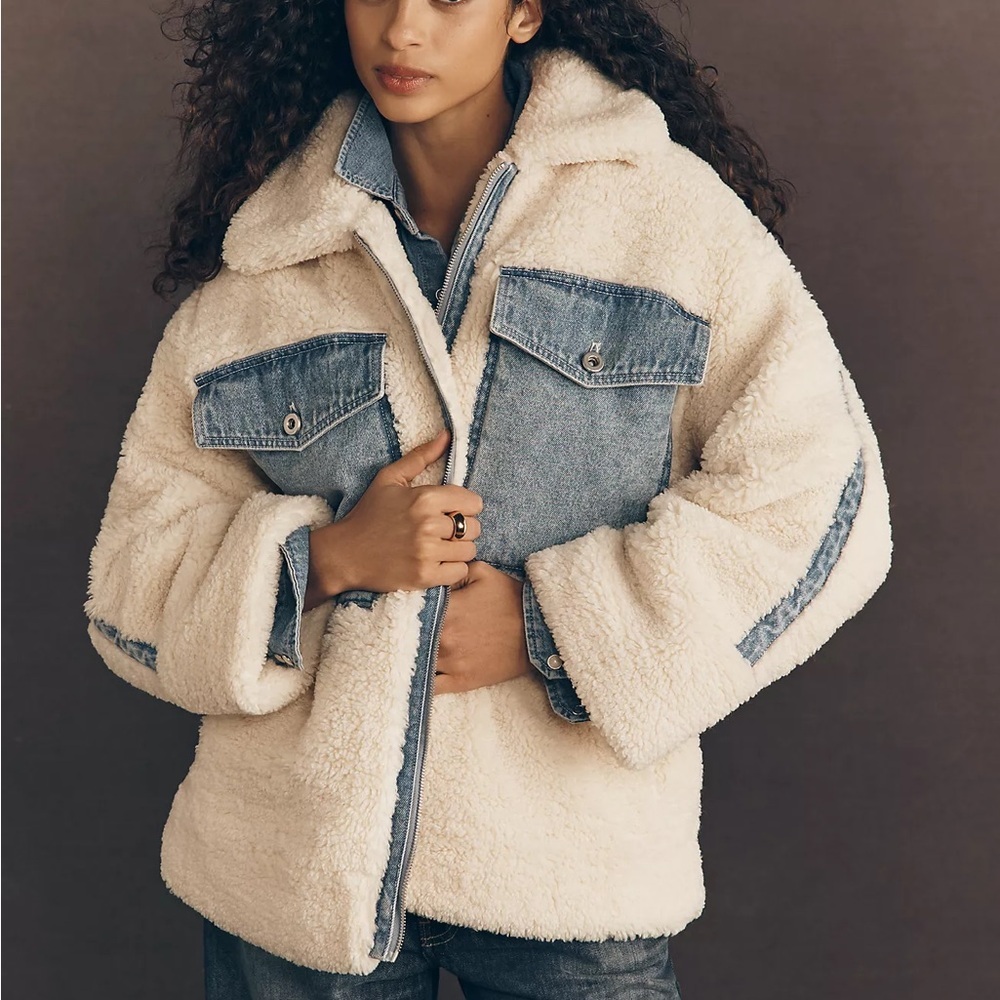 Anthropologie Pilcro Sherpa Denim Mixed Utility Jacket in Cream and Blue NWT